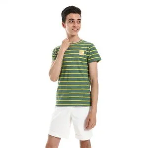 Bongo Horizontal Striped Short Sleeves Boys Tees - Moss Green & Yellow