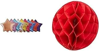 Bundle Foil balloon with stars design for party 45 * 45 + Paper Ball Honeycomb Art Home And Party Decorative Hanging Ball 15 CM - Red