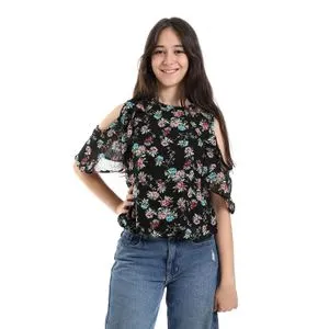 Floral Elastic Waist Sleeveless Girls Black Blouse