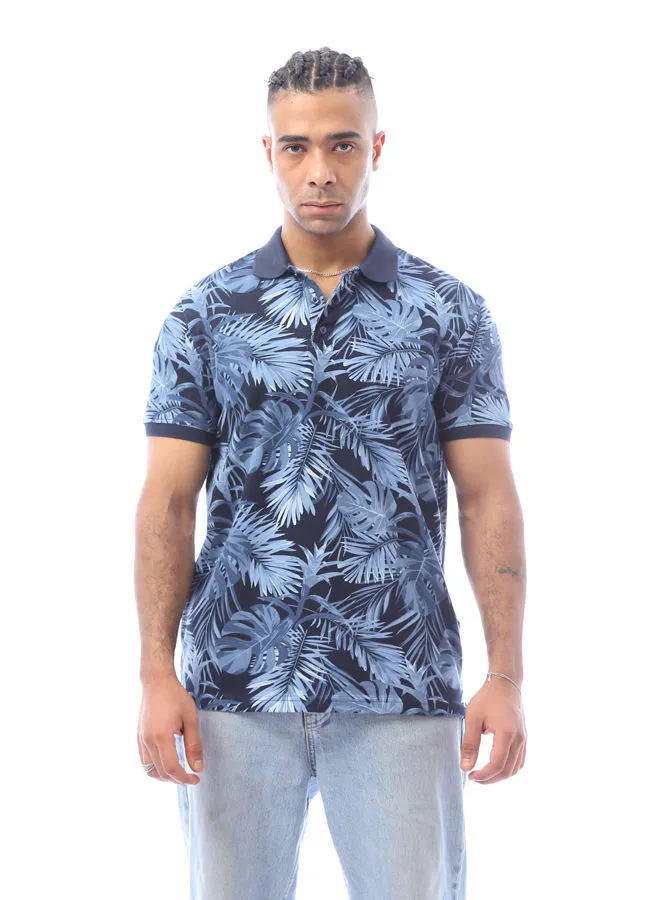 RAVIN Navy Blue & Baby Blue Tropical Leaves Polo Shirt