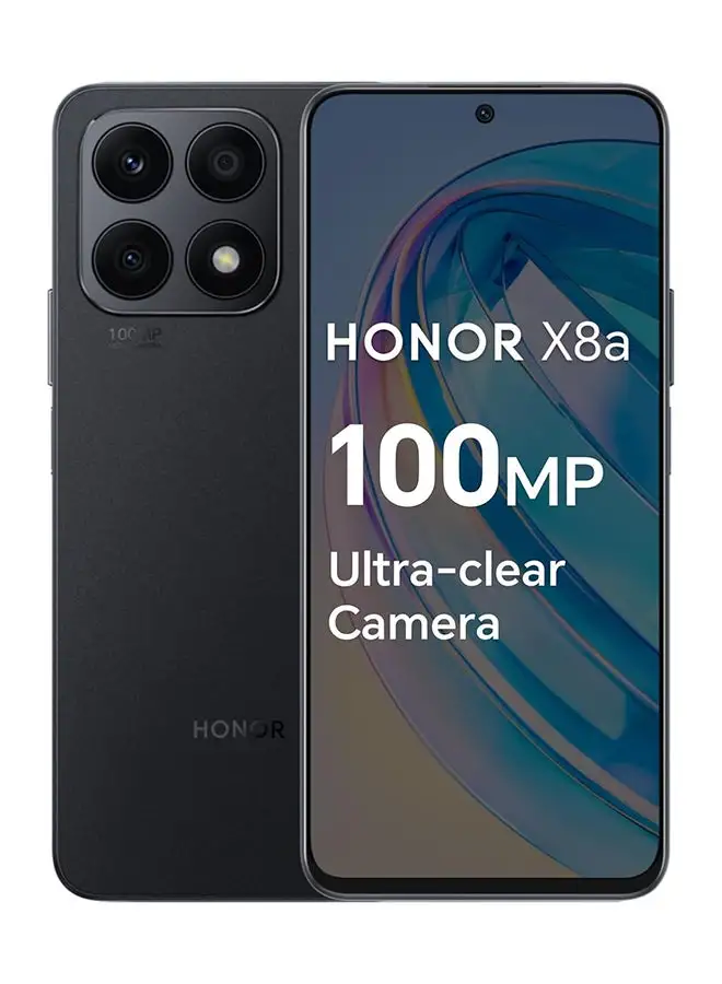 هاتف Honor X8a ثنائي الشريحة بلون أسود داكن وذاكرة وصول عشوائي (RAM) سعة 8 جيجابايت وذاكرة داخلية سعة 128 جيجابايت ويدعم تقنية 4G LTE إصدار الشرق الأوسط