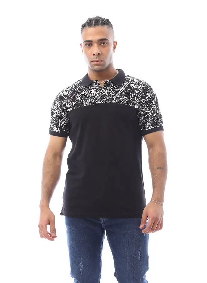 RAVIN Patterned Shoulders & Solid Polo Shirt - Black & White