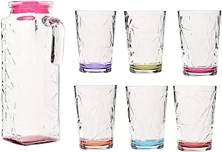 LAV CORAL LINE / 7 Pcs (6 Glass cups + 1 Jug) / Multi Color/Elegant design, Trusted Brand, Attractive shape of Water, Smoothies, Juices, Cocktails/High Quality Materials