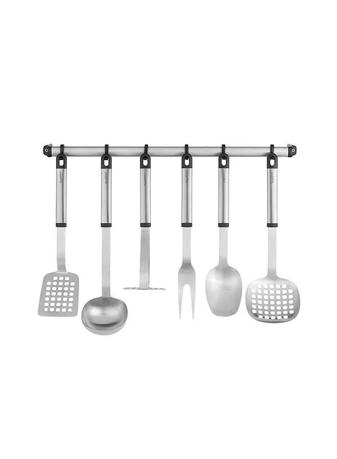 Berghoff 8-Piece Kitchen Utensils - Serving Spoon, Soup Spoon, Meat Fork, Masher, Spatula And Slotted Spoon Silver/Black