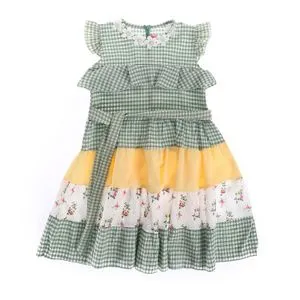 AlNasser Ruffle Sleeves Girls Dress Multi Self Pattern - Fern Green & Yellow