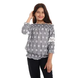 Multi-Pattern Girls Black Long Sleeves Blouse