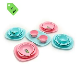 Eco Plast Dinnerware Plates Set - 21 Pcs - Turquoise & Pink