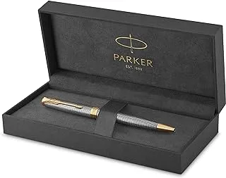 PARKER Sonnet Ballpoint Pen, Prestige Chiselled Silver with Gold Trim, Medium Point Black Ink