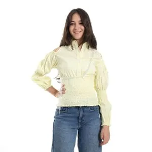 Cold Shoulder Sleeves Elastic Waist Girls Blouse - Lime Yellow