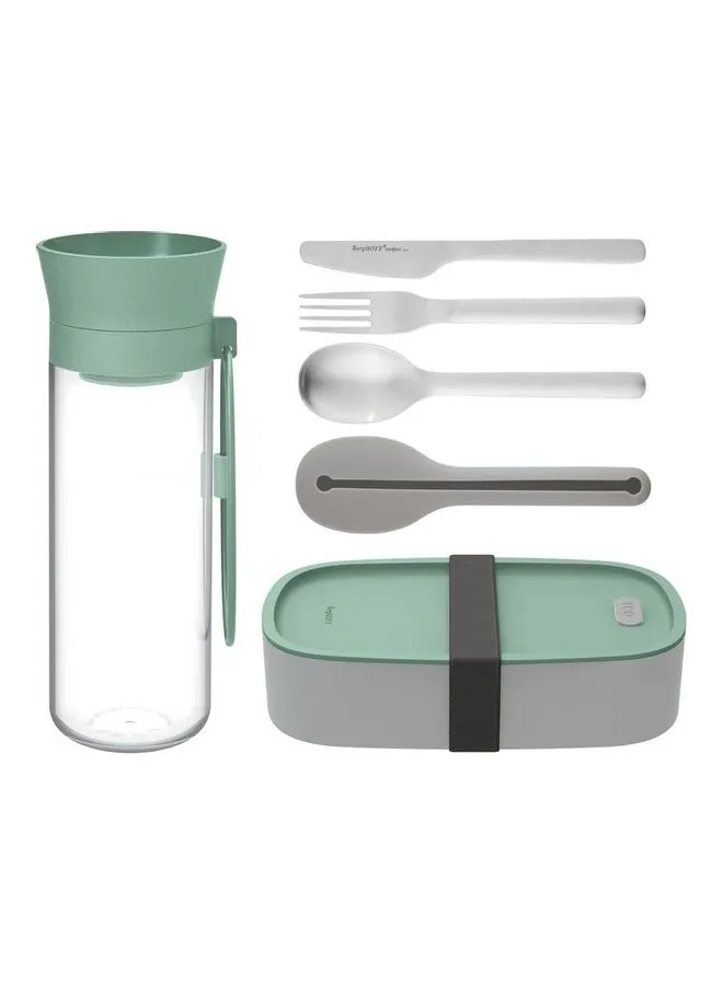 Berghoff 6-Piece Leo Lunch Set -1xLunch Box, 1xWater Bottle, 4xFlatware Green/Clear