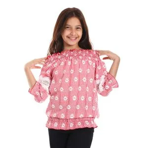 Multi-Pattern Girls Red Long Sleeves Blouse