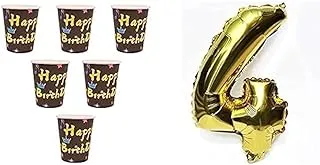 Bundle Paper cups set of 10 pieces - multi color + 32 Inch(80cm) Gold Digit Helium Foil Birthday Party Balloons Number 4