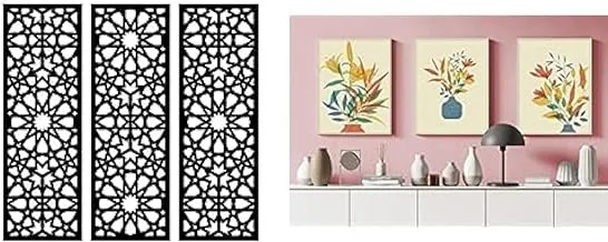 Bundle Home Gallery Arabesque Wooden Wall Art 3 لوحات 80x80 سم + لوحة فنية جدارية من القماش ، صورة مجردة مؤطرة من ملصقات الأزهار الحديثة 60x40 سم