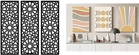 Bundle Home Gallery Arabesque Wooden Wall Art 3 لوحات 80x80 سم + معرض المنزل مرسومة باليد أغطية بوهو مطبوعة قماش جدار الفن 90x60 سم