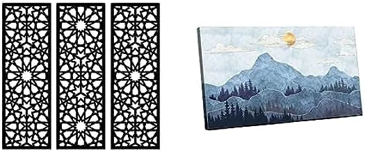 Bundle Home gallery arabesque wooden wall art 3 panels 80x80 cm + Canvas wall art, abstract framed portrait of silhouettes of mountains with trees 90x60cm