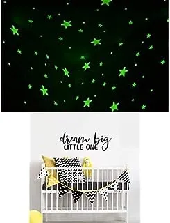 Bundle of 100 Pcs Home Wall Glow In The Dark Stars Stickers Kids Room Decoration + Dream Big Little One Sticker wall art 55x28 cm Black