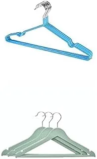 Bundle Metal hanger blue 10 pieces +Plastic Flexible Sturdy Clothes Hangers Set With Stainless Steel Hook Perfect For Standard Daily Use 40 CM Set Of 3 Pieces - Mint Green Silver