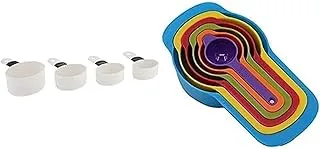 Pioneer Measuring Cups 4-Pieces, White + 6 Pcs of Plastic Measuring Cups and Spoons Set. Stackable, Space Saving, Multi color Design.