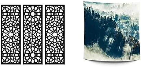 Bundle Home Gallery Arabesque Wooden Wall Art 3 لوحات 80x80 سم + خلفية نسيج JALSA Natrue مخصصة للجدران 1.50 * 1.50