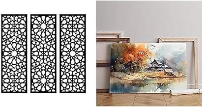 Bundle Home Gallery Arabesque Wooden Wall Art 3 لوحات 80x80 سم + معرض المنزل لوحة مائية لوحة منزل من قبل شخص لوحة جدارية قماشية مطبوعة 60x40 سم