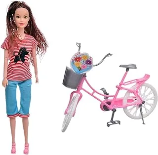 Plastic Pretty Doll With Long Hair And Bicycle For Girls Set Of 3 Pieces - Multi Color