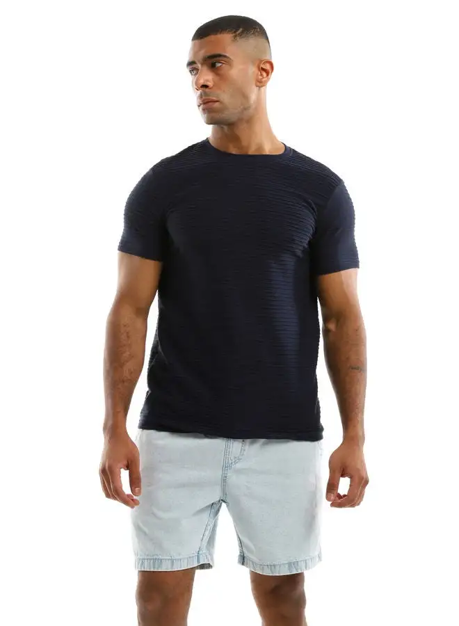 RAVIN Self Striped Plain Navy Blue Tee