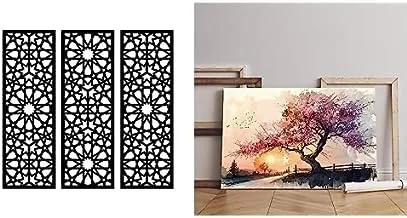 Bundle Home Gallery Arabesque Wooden Wall Art 3 لوحات 80x80 سم + معرض المنزل اليابانية المناظر الطبيعية المطبوعة قماش جدار الفن 90x60 سم