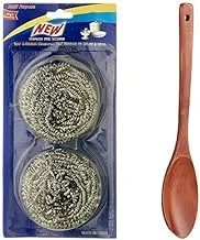 Rustomart stainless steel scourer set, 2 pieces - silver + Rustomart wooden cooking spoon - made in china dark brown