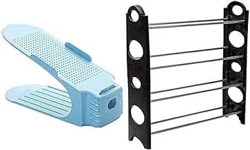 Bundle Set of 10 pcs shoe slots organizer blue + Plastic shoes rack, 4 stackable shelves - black