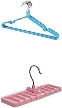 Bundle Metal hanger blue 10 pieces +Plastic Belt And Tie Hanger With Stainless Steel Hook And 8 Holes For Home - Pink