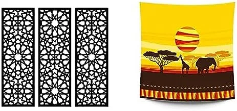 Bundle Home Gallery Arabesque Wooden Wall Art 3 لوحات 80x80 سم + JALSA الأفريقي نسيج خلفية مخصص للجدران 1.50 * 1.50