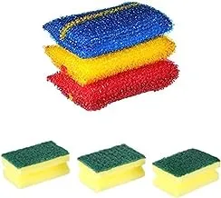 WARITEX Scrub Sponges Set, 3 Pieces - Multi Color + Clean It Sponges with Scourer Set, 3 Pieces - Yellow and Green