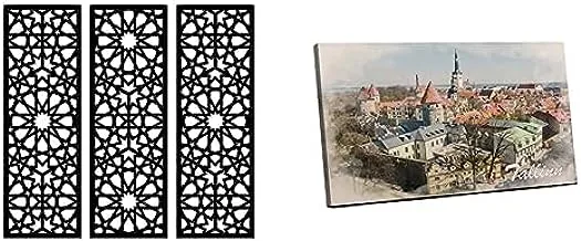 Bundle Home Gallery Arabesque Wooden Wall Art 3 لوحات 80x80 سم + لوحة جدارية من القماش ، صورة مجردة مؤطرة للمدينة القديمة في الصيف ، إستونيا 120x80 سم