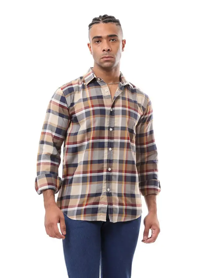 RAVIN Beige & Dark Red Long Sleeves Plaids Shirt