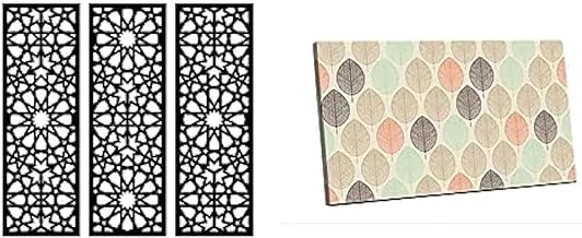 Home Gallery Bundle arabesque wooden wall art 3 panels 80x80 cm + Canvas wall art, abstract framed portrait of seamless pattern with leafs 90 w x 60 h x 2 d