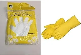 Nylon transparent gloves l size 100 gloves + Dishwashing Reusable Latex Gloves (Yellow, L)