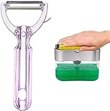 FreeCook Vegetables Peeler, Made in Turkey Purple + Freewalk liquid soap dispenser set - plastic hand pump with sponge caddy - 2-in-1 sponge organizer holder dispenser for kitchen sink tidy bathroom