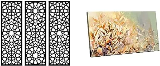 Bundle Home Gallery Arabesque Wooden Wall Art 3 لوحات 80x80 سم + لوحة فنية جدارية من القماش ، صورة مجردة مؤطرة لزهرة ملونة 120x80 سم