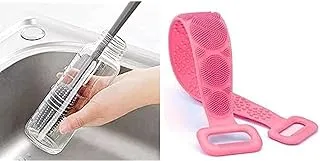 Bundle of Silicone brush baron cup bottle+Silicone Bath Body Brush Comfortable Massage for Shower 70CM (Pink)