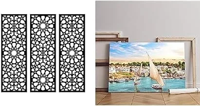 Bundle Home Gallery Arabesque Wooden Wall Art 3 لوحات 80x80 سم + معرض المنزل منظر تقليدي أسوان النيل المراكب الشراعية مصر لوحة فنية جدارية من القماش المطبوع 60x40 سم