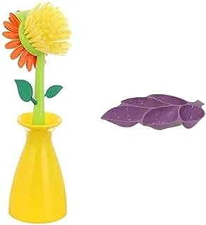 Yasin yellow plastic flower shape dish brush with hand - multicolor, 7 x 7 cm + Yasine leaf plastic nuts & tasley plate - colors vary