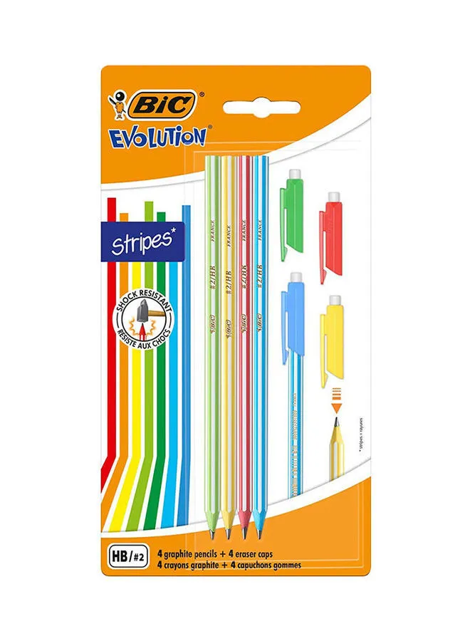 Bic Pack Of 4  Evolution Stripes Woodfree Graphite Pencil + Hb Eraser Multicolour