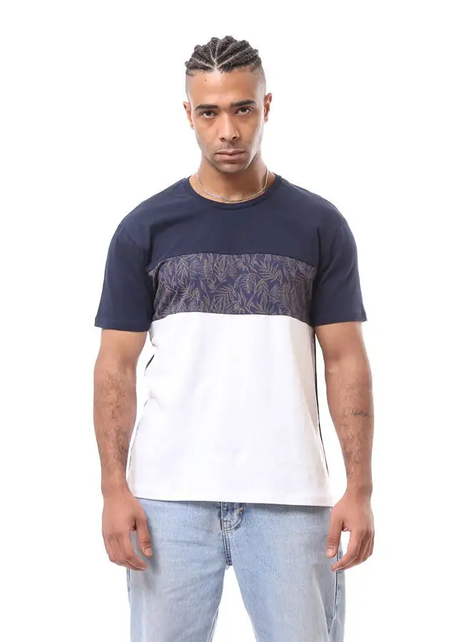 RAVIN Bi-Tone White & Navy Solid & Patterned Short Sleeves Tee