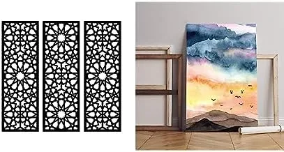 Bundle Home Gallery Arabesque Wooden Wall Art 3 لوحات 80x80 سم + معرض المنزل المناظر الطبيعية Sky Juices الجبلية المطبوعة قماش جدار الفن 90x60 سم