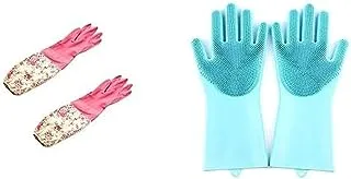 Flower pattern waterproof latex dishwashing kitchen cleaning gloves + 1 Pair Magic Silicone Gloves with Wash Scrubber, Reusable Brush Heat Resistant Gloves, Pet Hair Care (Blue)