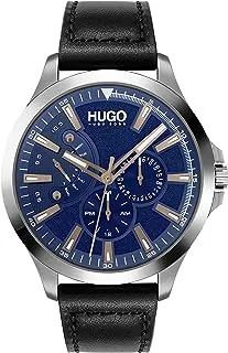 ساعة HUGO من Hugo Boss الرجالية #LEAP ستانلس ستيل كوارتز بحزام جلدي ، أسود ، 22 (موديل: 1530172)