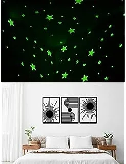 Bundle of 100 Pcs Home Wall Glow In The Dark Stars Stickers Kids Room Decoration + Unique boho wood sticker wall art - set of 3 panel each 60x40