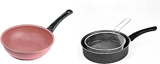 Lazord granite deep frying pan 24cm, cashmere + Granite frying pan with stainless steel strainer - size 24 - black