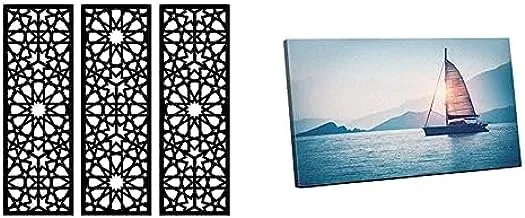 Bundle Home Gallery Arabesque Wooden Wall Art 3 لوحات 80x80 سم + لوحة جدارية من القماش ، صورة مجردة مؤطرة للمراكب الشراعية في البحر في ضوء الشمس المسائي 60 Wx 40 Hx 2 D