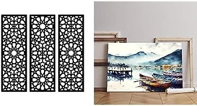 Bundle Home Gallery Arabesque Wooden Wall Art Art 3 لوحات 80x80 سم + معرض المنزل رقمي - ألوان مائية - بانوراما - منظر طبيعي لوحة فنية جدارية من القماش الكتاني مقاس 60x40 سم